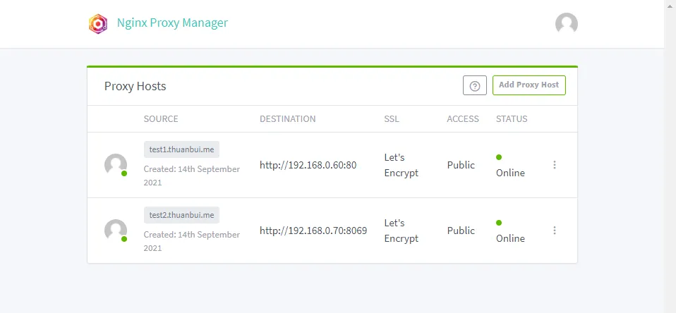 Tạo thành công Proxy Host mới cho tên miền https://test2.thuanbui.me