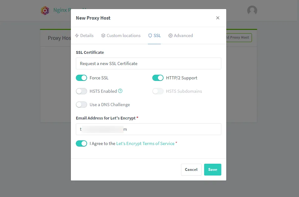 Mục SSL Certificate: chọn Request a new SSL Certificate, chọn thêm Force SSL, HTTP/2 Support, Điền email, chọn I Agree to ... và bấm Save