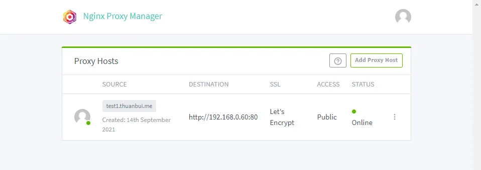 Tạo Proxy Host kèm chứng chỉ SSL thành công