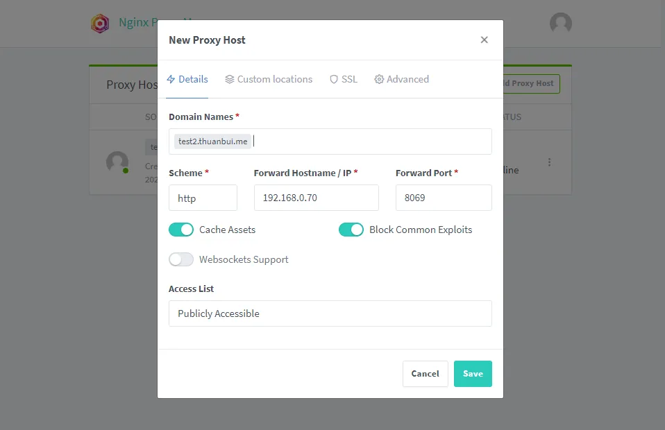 Tạo Proxy Host mới cho tên miền test.thuanbui.me